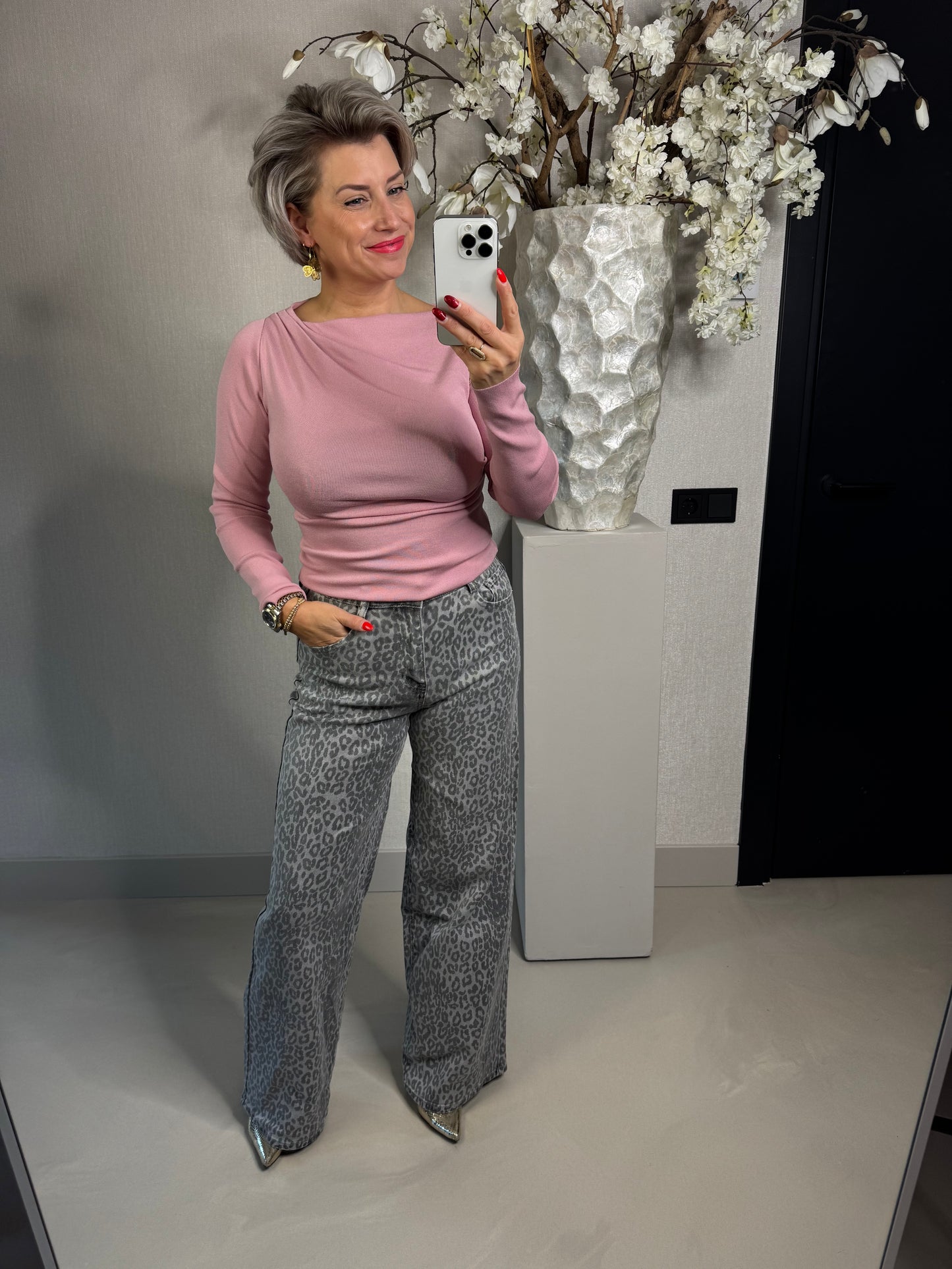 Wide leg jeans panter grijs