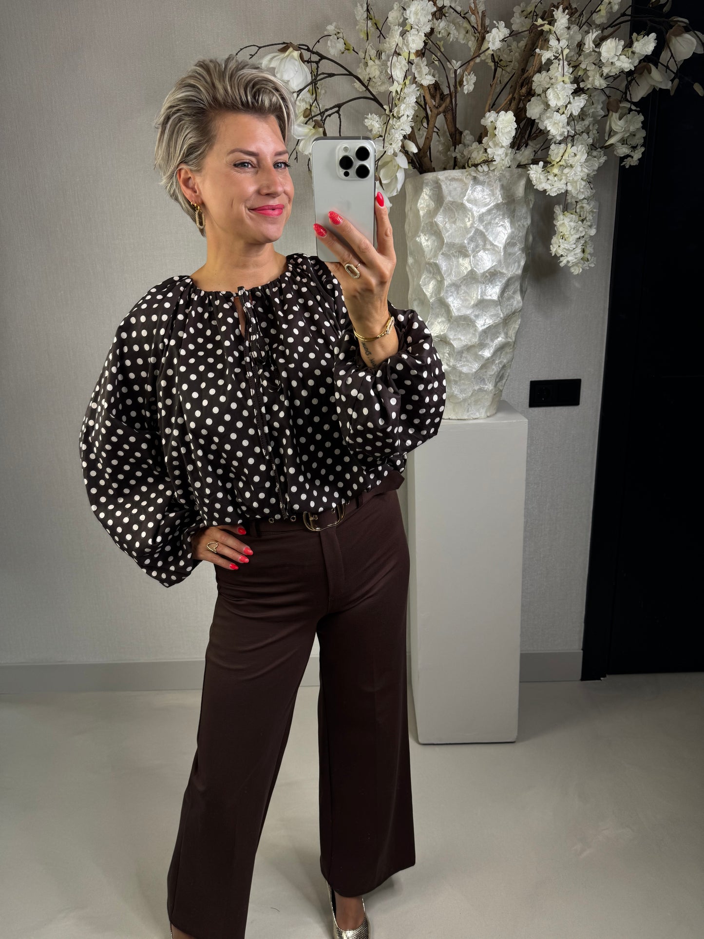 Blouse top polka dot bruin