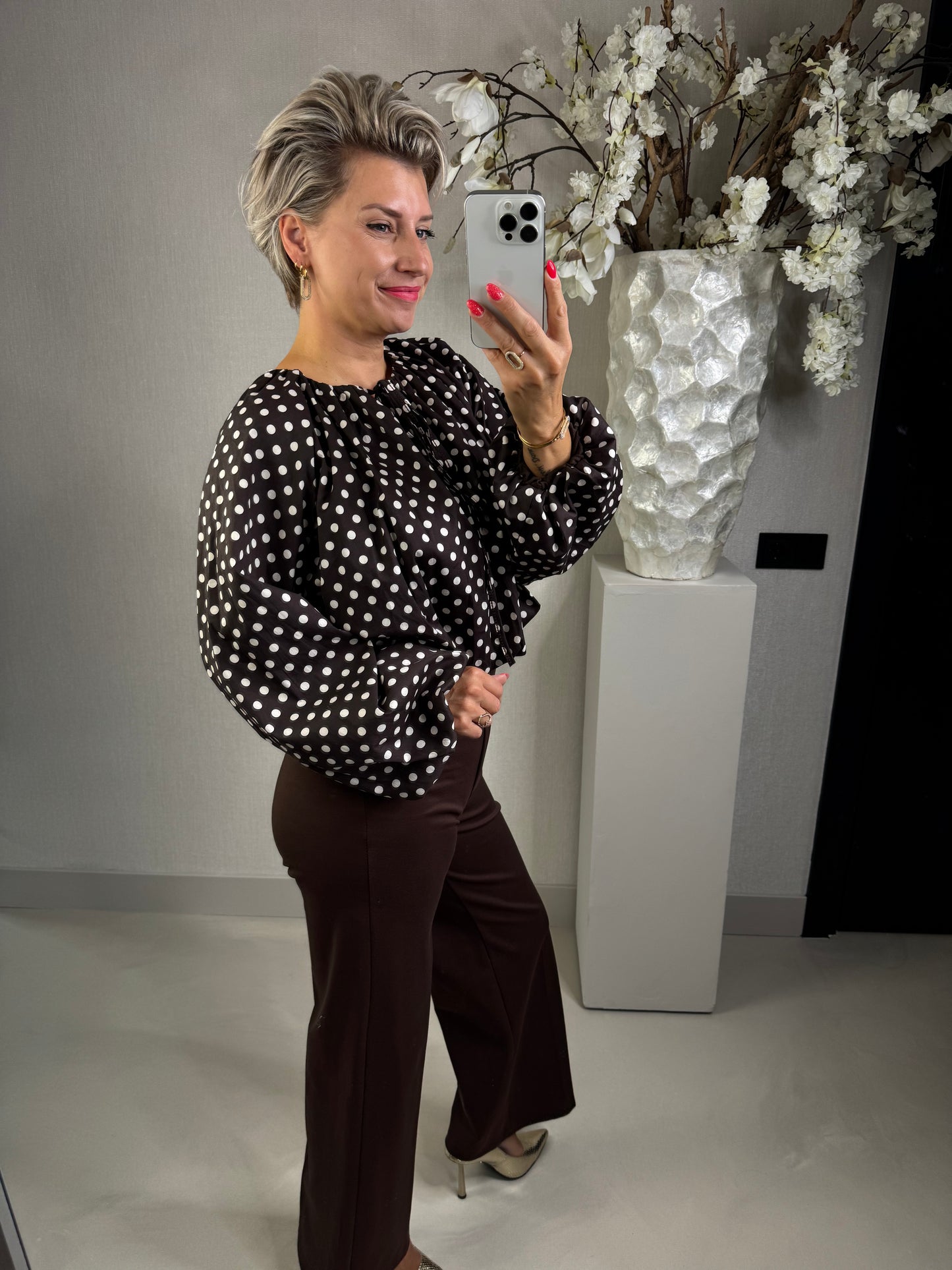 Blouse top polka dot bruin