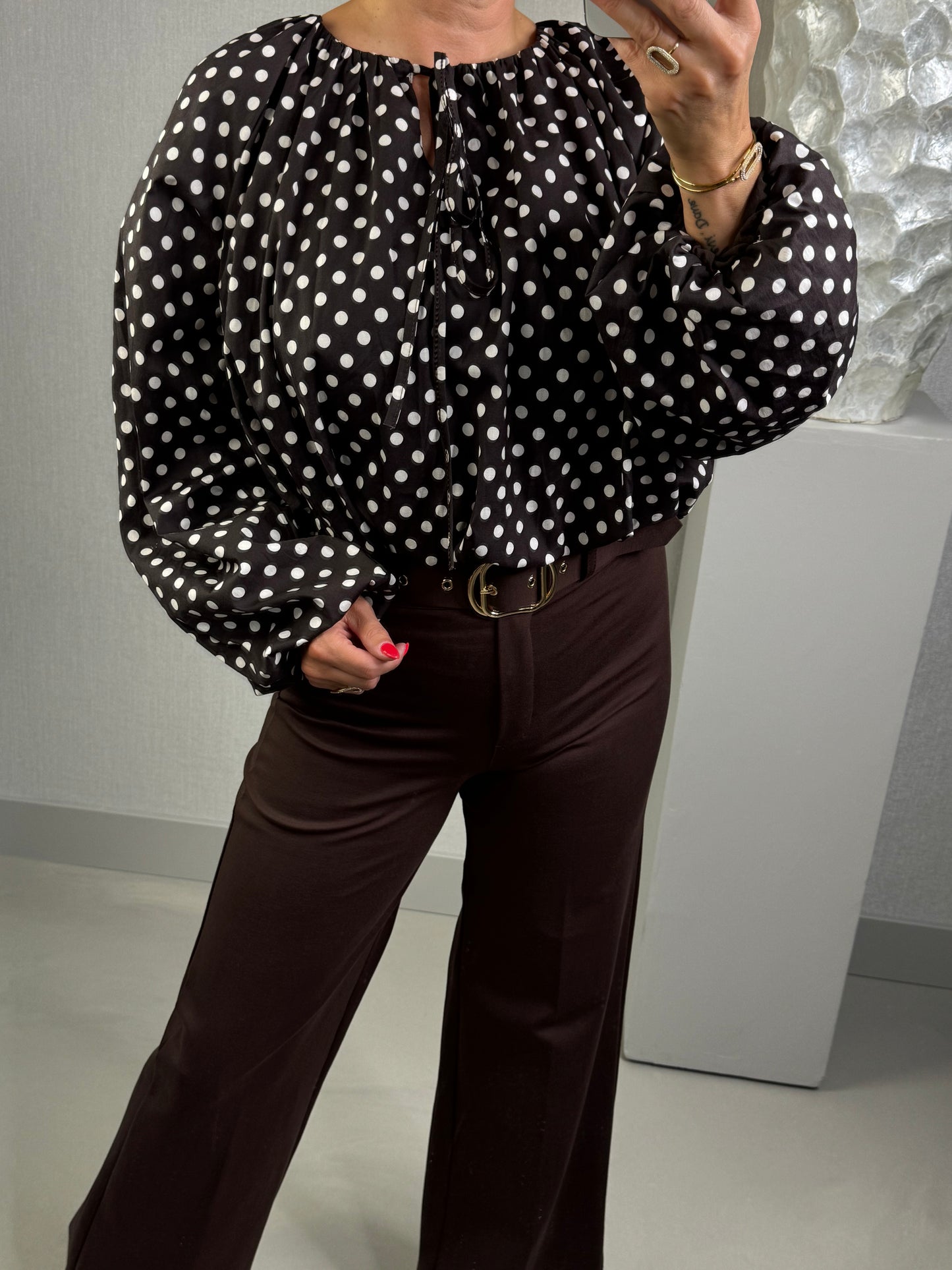 Blouse top polka dot bruin