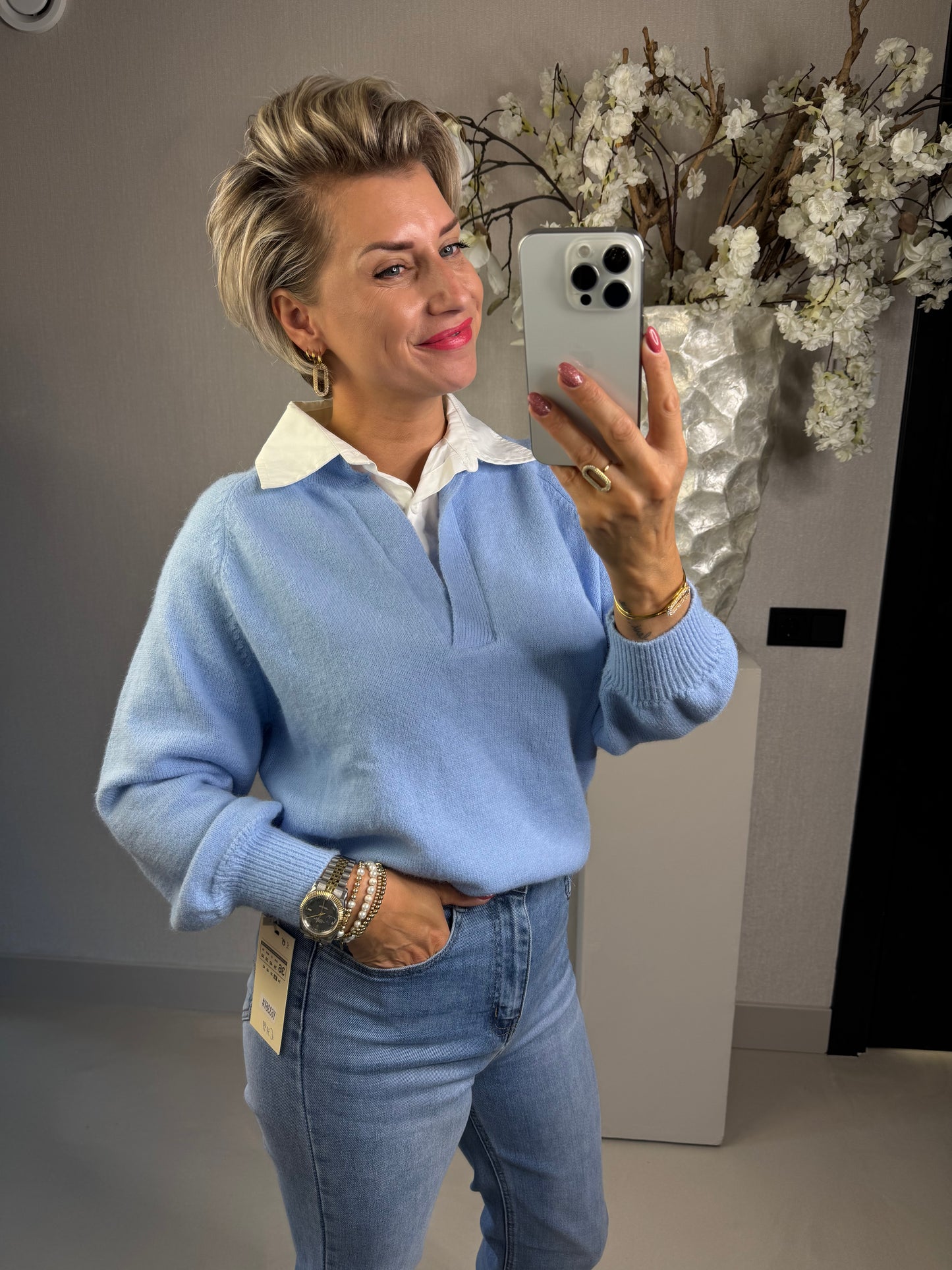 Trui blauw met blouse kraag