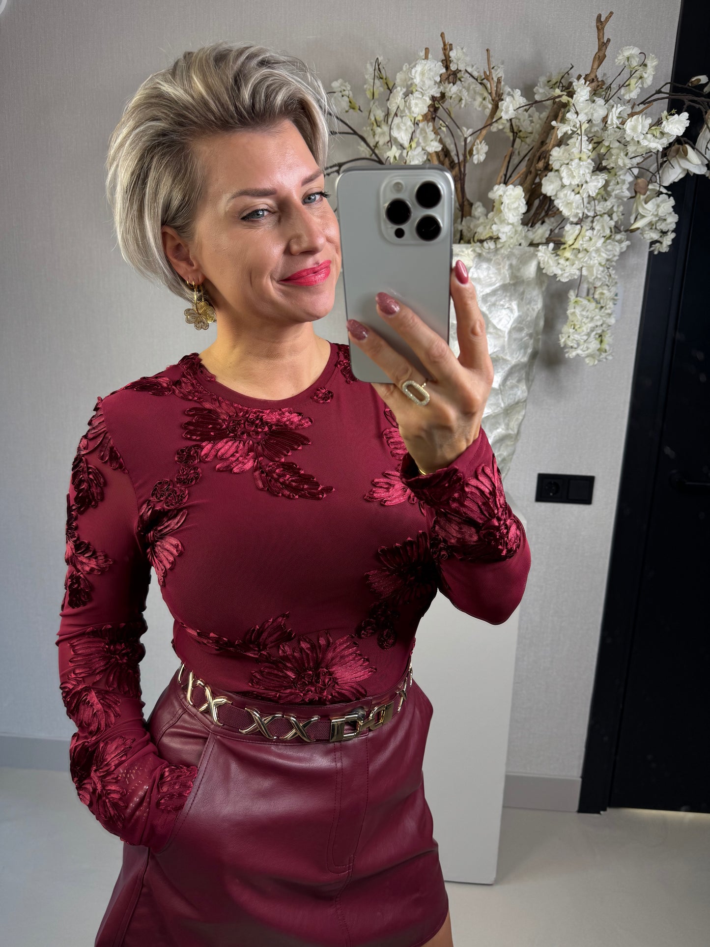 Bordeaux Mesh top bloemen