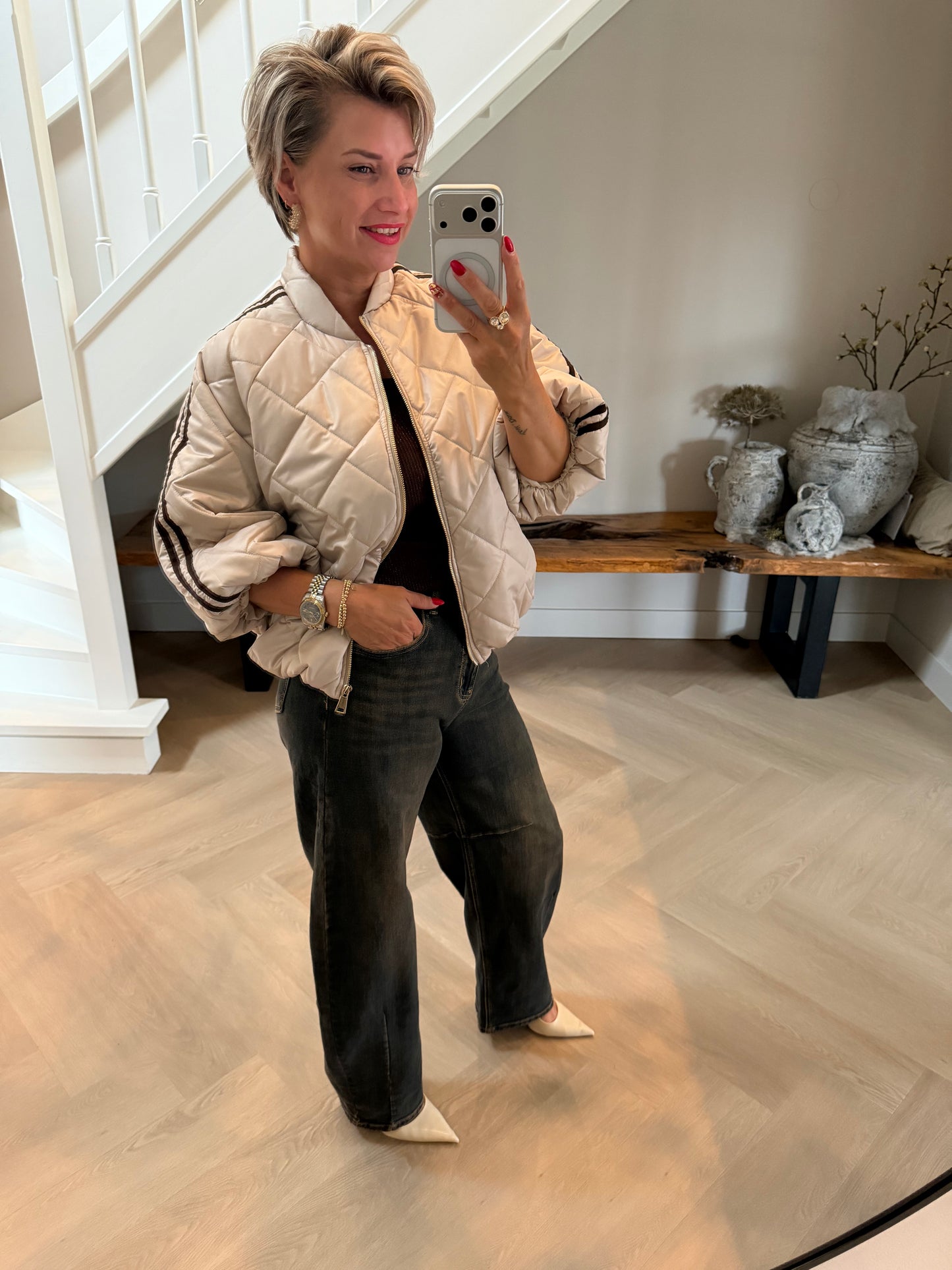 Puffer jack beige streep