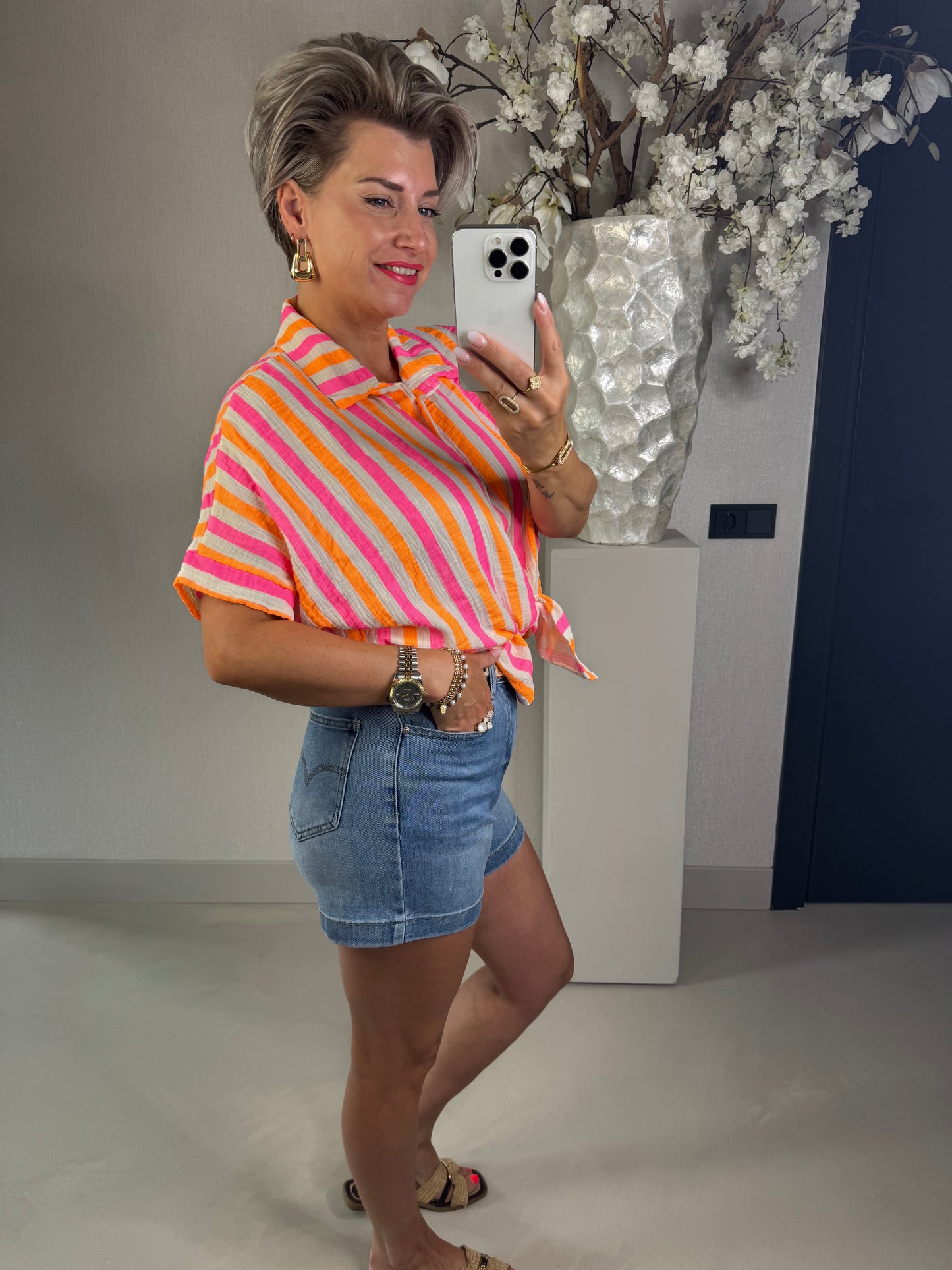 Blouse wafelstof streep