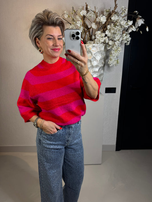 Trui streep fuchsia/rood