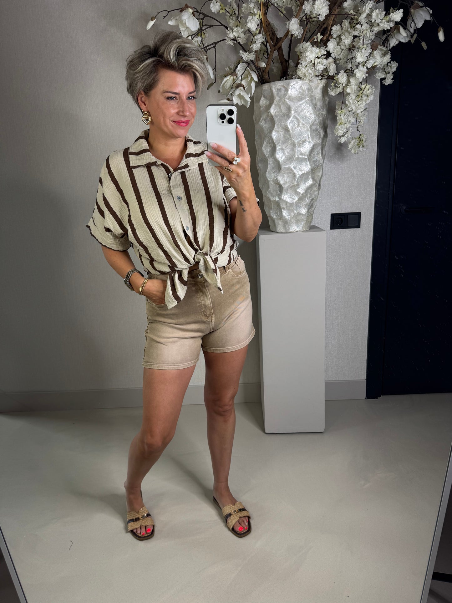 Blouse crinkeld cotton bruin beige