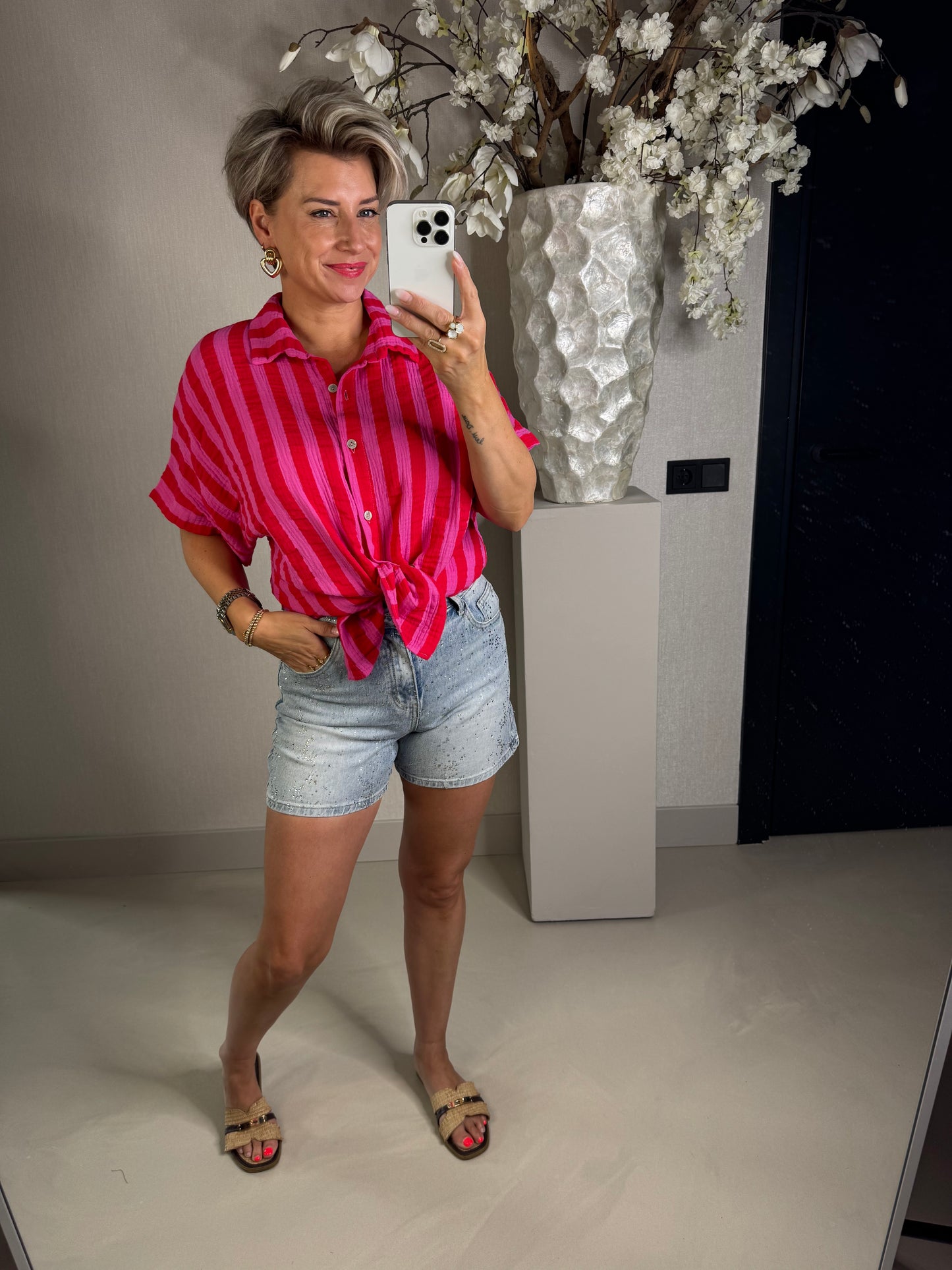 Blouse crinkled cotton fuchsia rood