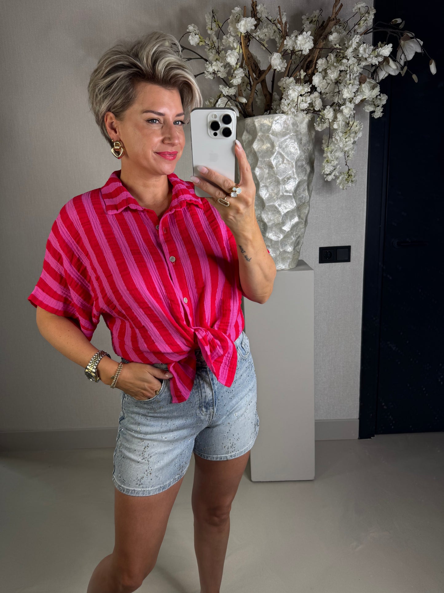 Blouse crinkled cotton fuchsia rood