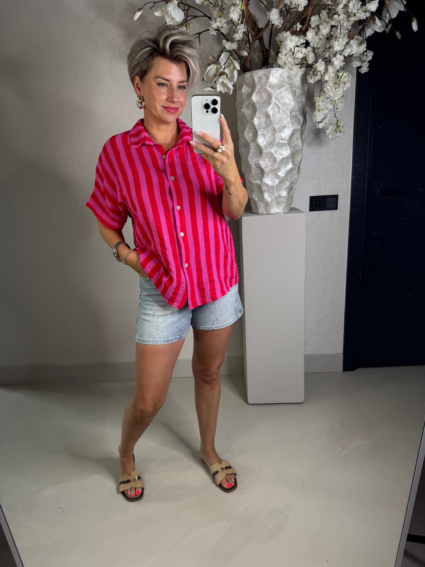 Blouse crinkled cotton fuchsia rood