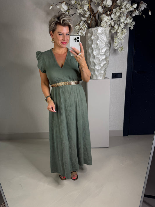Mousseline jurk olijf