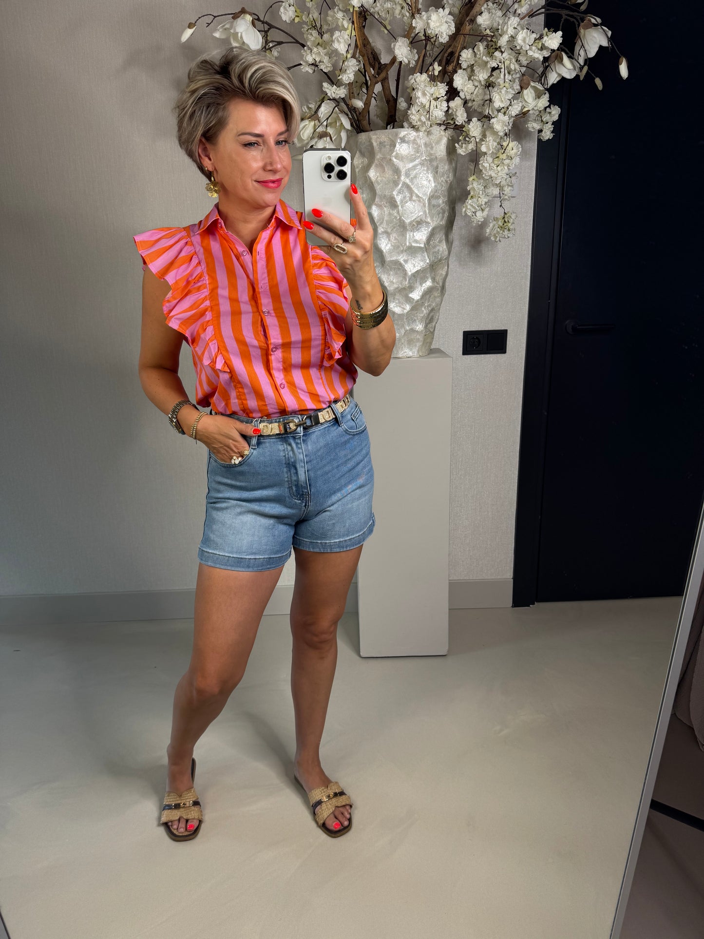Blouse ruffle roze/oranje