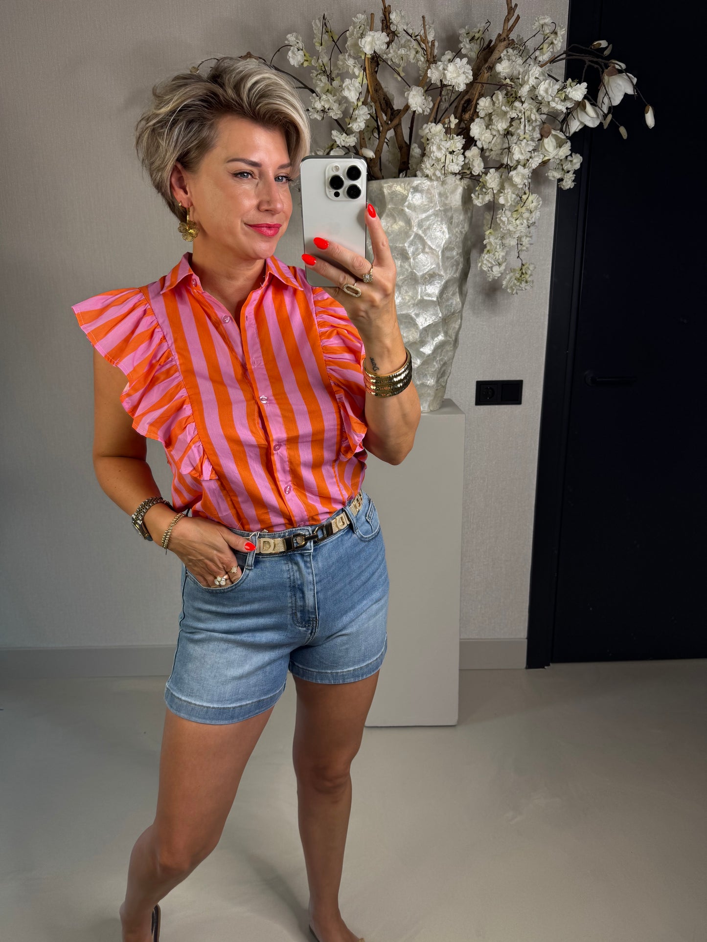Blouse ruffle roze/oranje