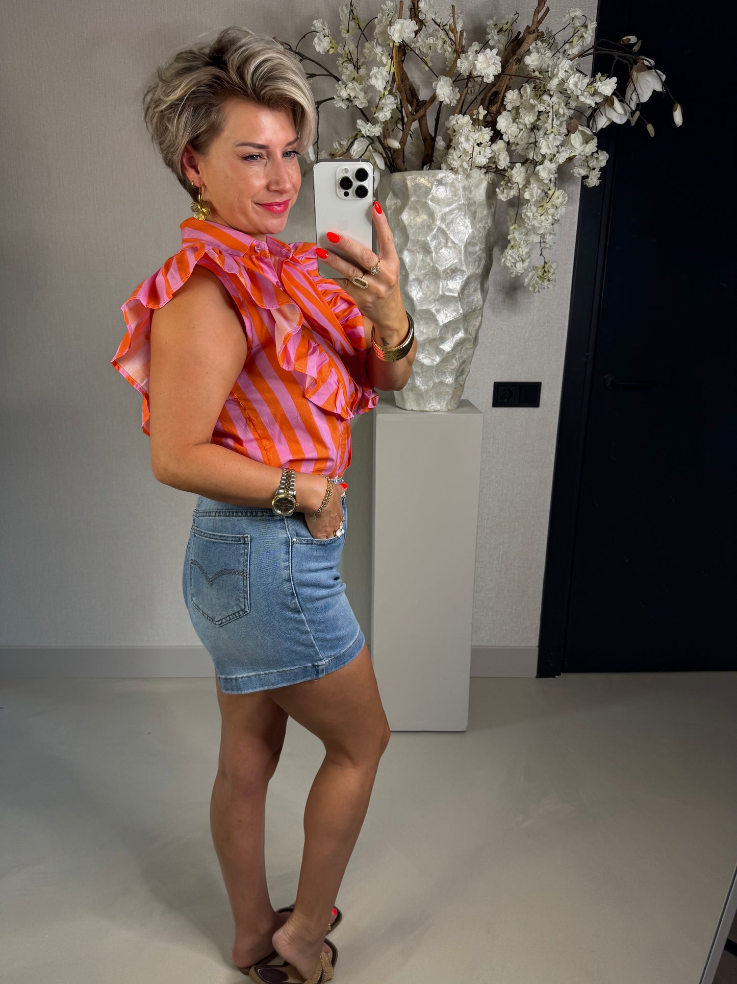 Blouse ruffle roze/oranje