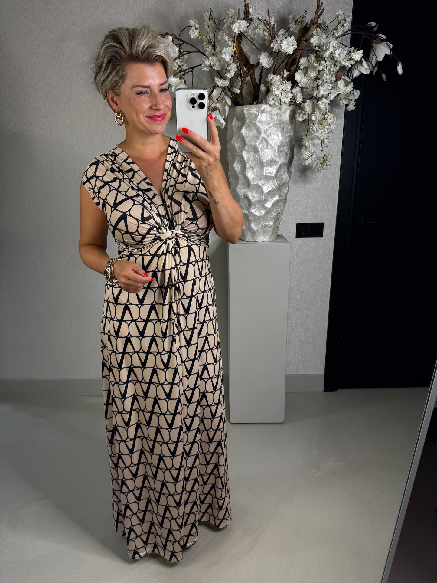 Maxi dress beige zwart abstract