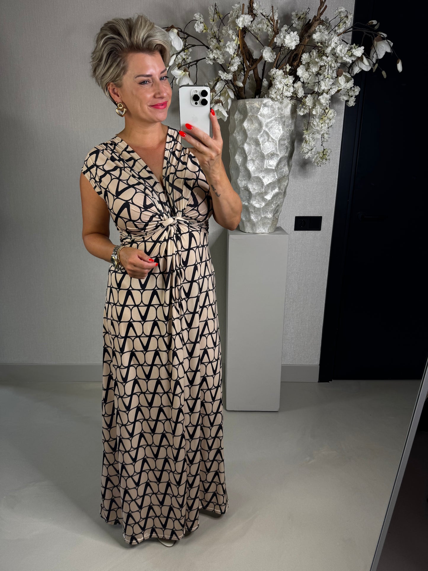 Maxi dress beige zwart abstract