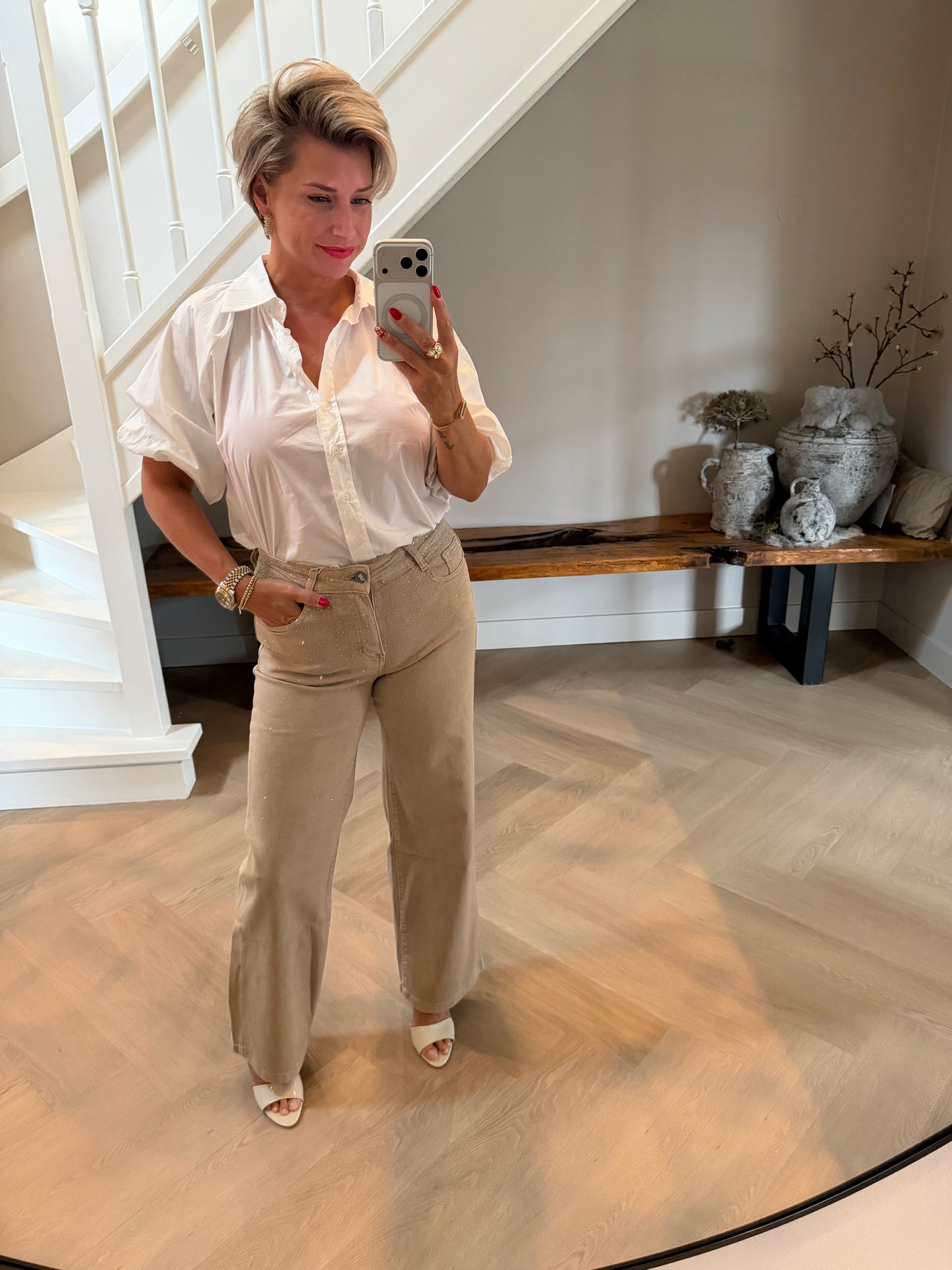 Jeans beige strass