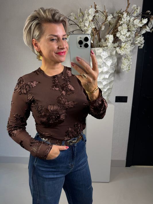 Bruine Mesh top bloemen