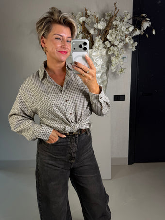 Blouse geblokt sparkels wit met bruin