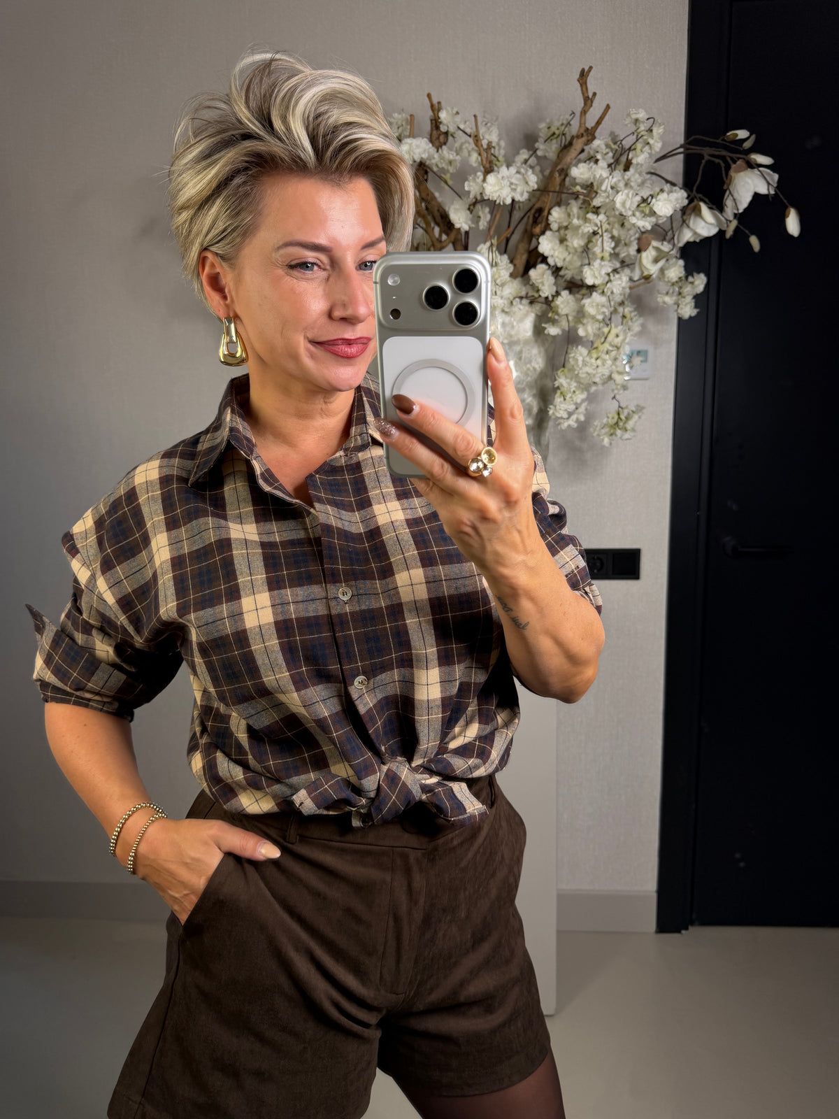 Blouse Meike geblokt bruin