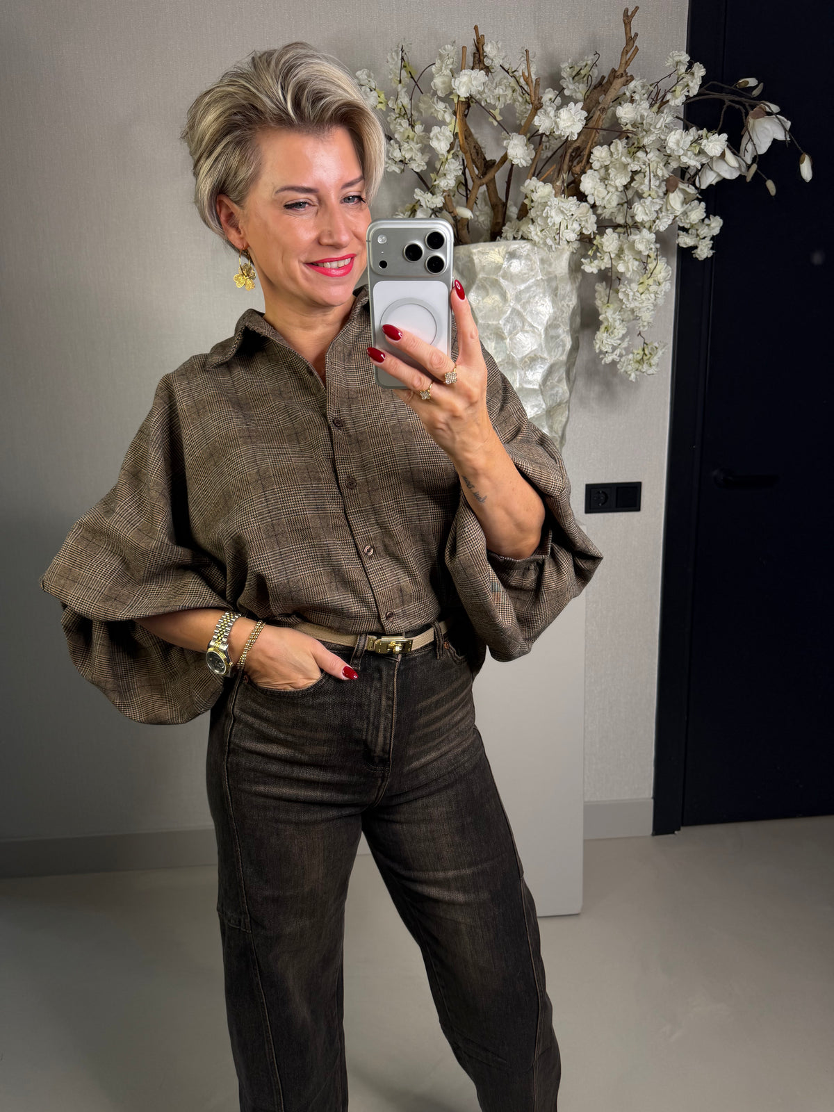 Blouse pof ballonmouw ruit