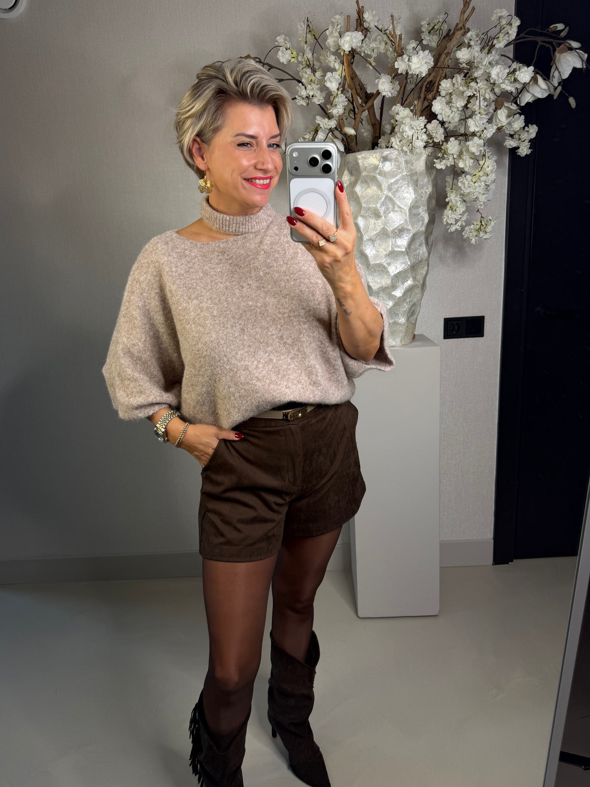 Trui soft col beige