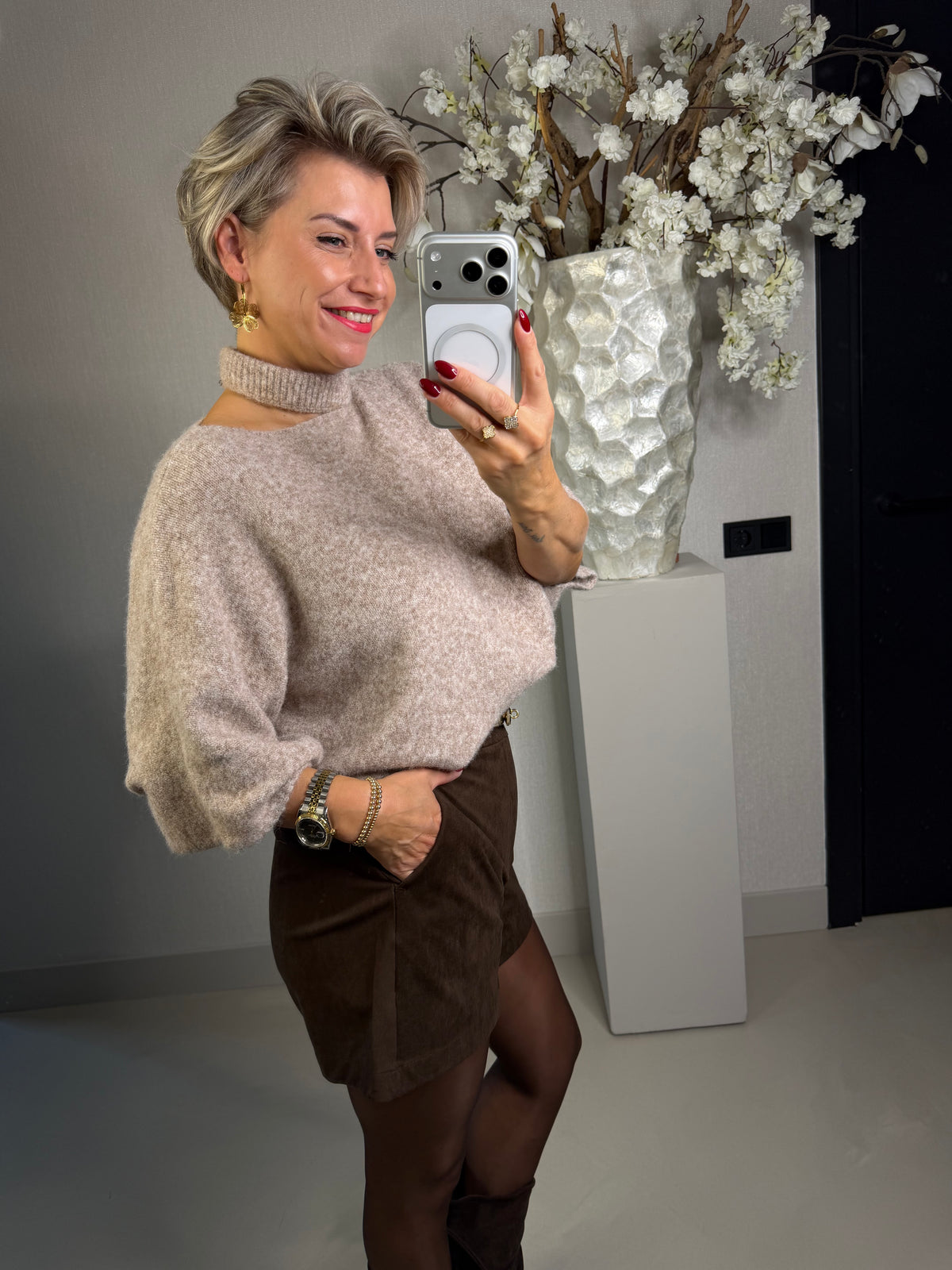 Trui soft col beige