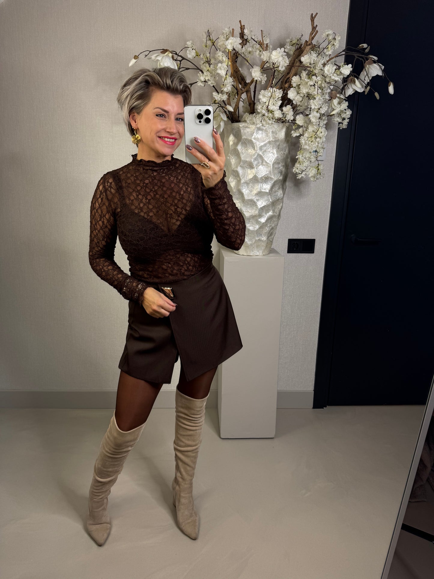 Kanten lace top bruin