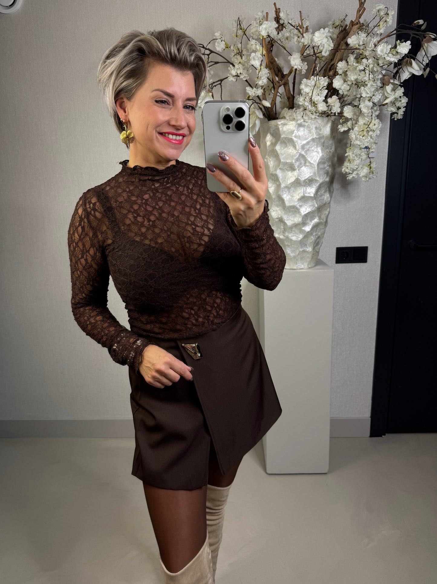 Kanten lace top bruin