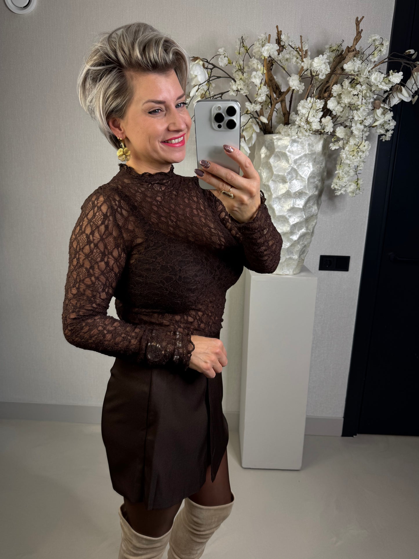 Kanten lace top bruin