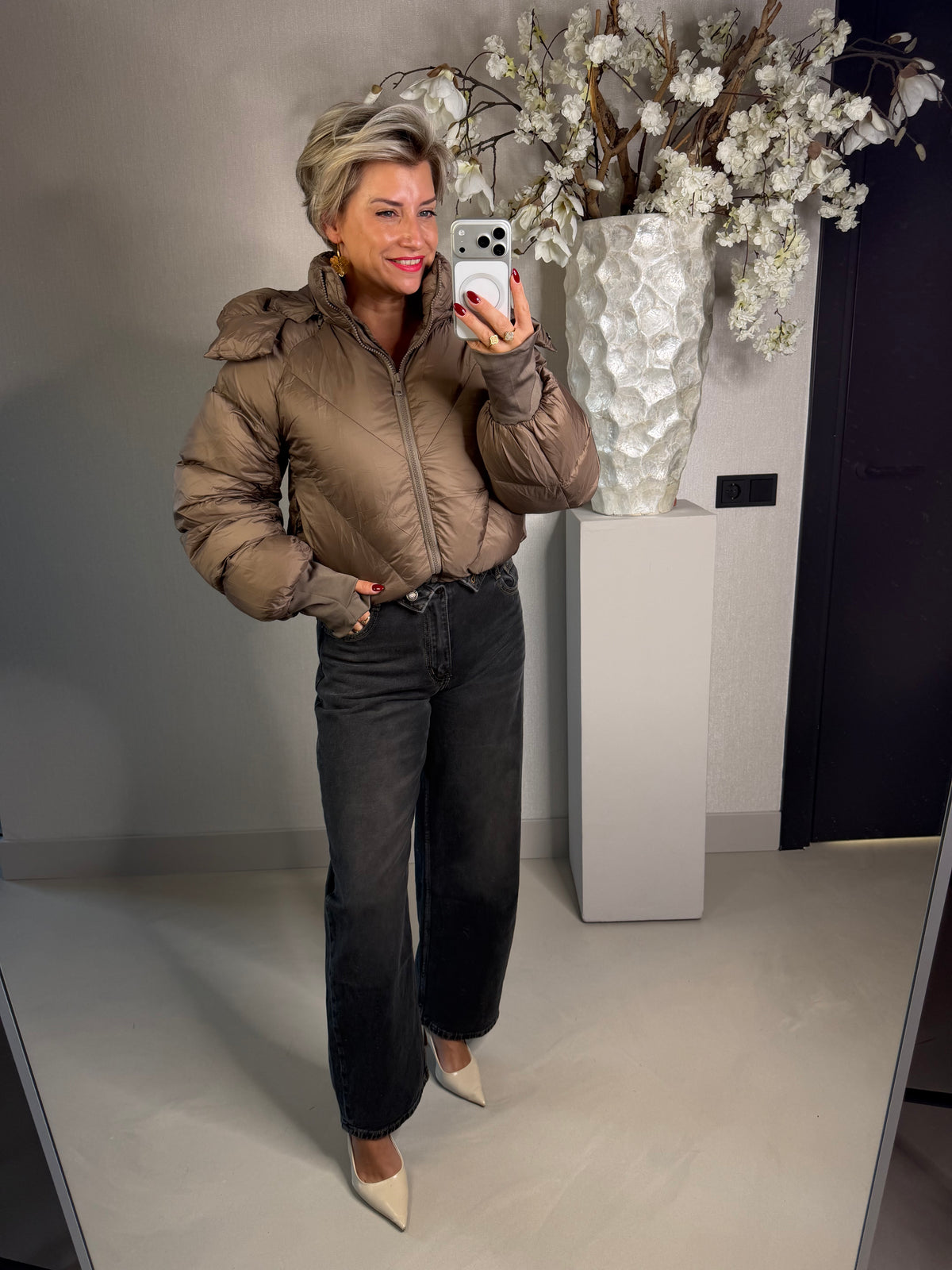 Puffer jas taupe