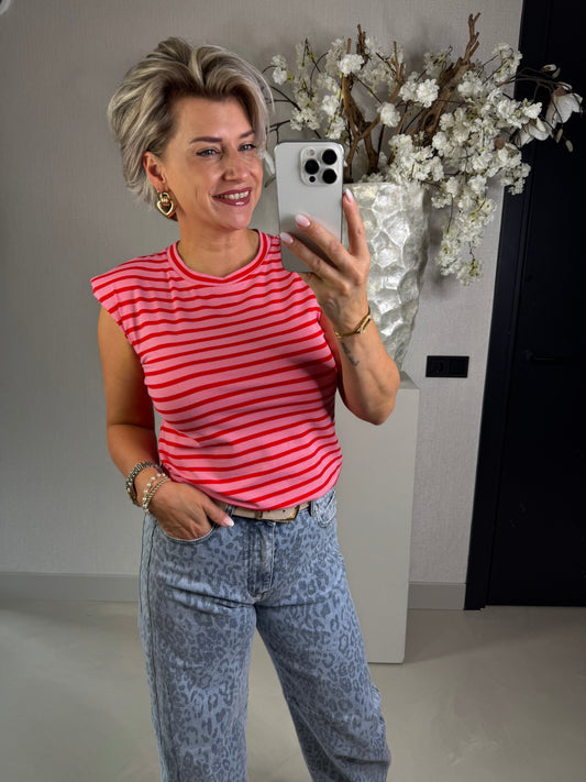 Top mouwloos streep rood/roze