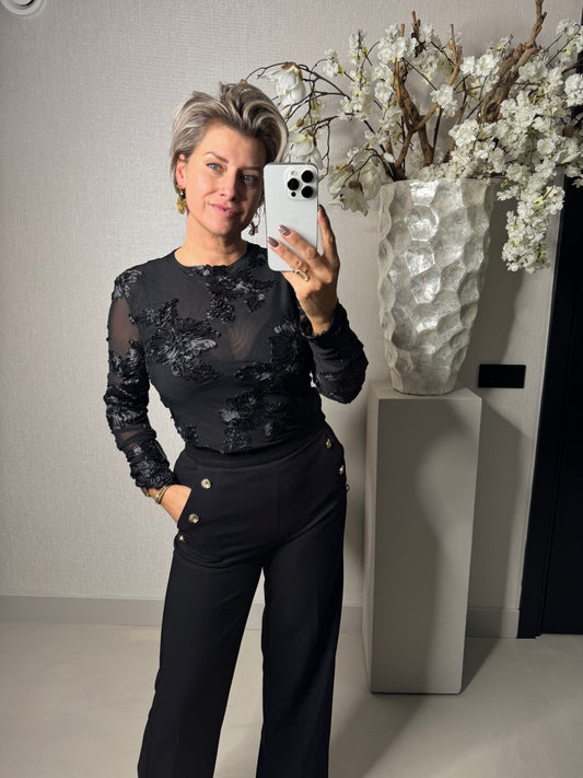 Mesh top flower zwart